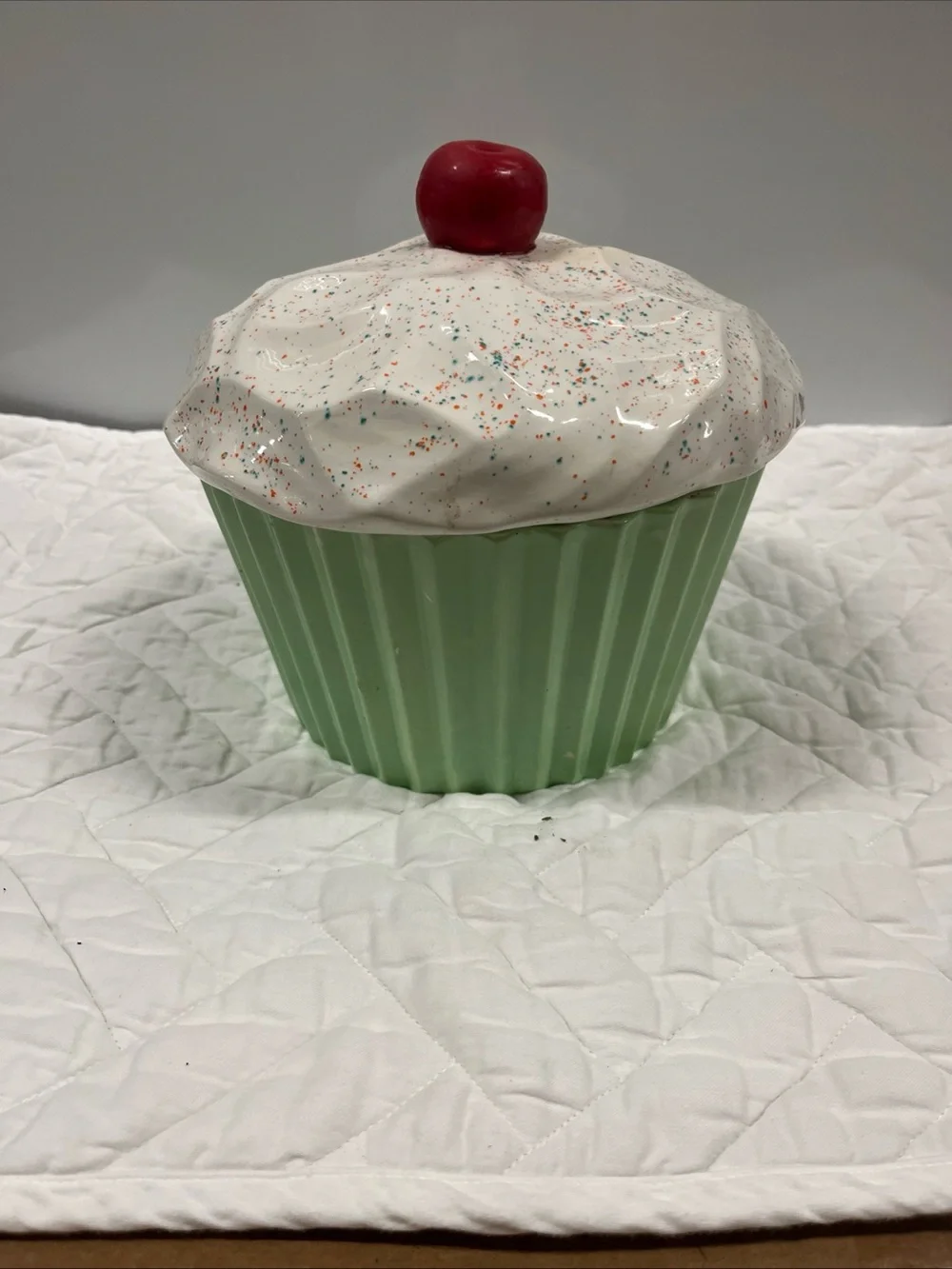 Vintage MCM Ceramic Cupcake Treat Jar - Green with White Frosting and Red Cherry